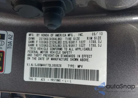 2013 Honda Cr-V Ex-L z USA, uszkodzony, nr VIN 5J6RM4H77DL069626